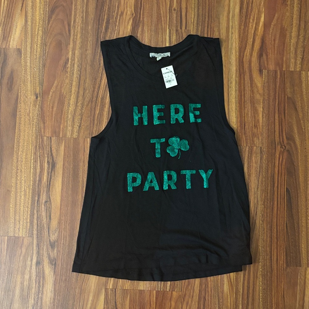 NWT Express Black Sleeveless Party Tank Top with Green Design